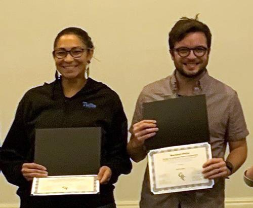 Francini Fonseca and Bryan Lampkin with awards from the 2022 Gordon Research Conference Chemistry and Biology of Peptides conference