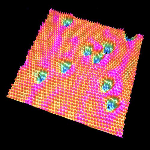 Atomically resolved 3-D scanning tunneling microscopy image of Palladium/Copper{111} at 80 Kelvin