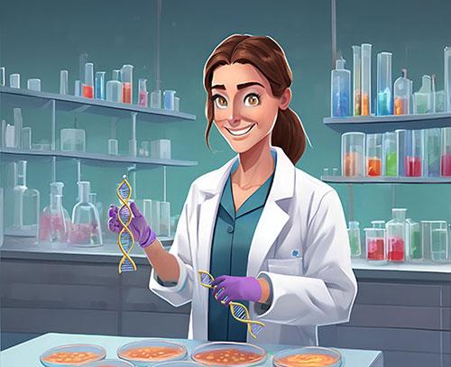 Clipart of Nefeli Batistatou in a lab, holding DNA in both hands